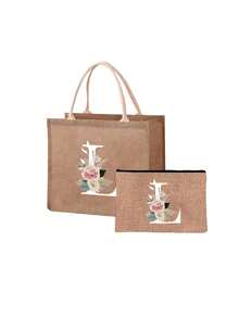 Mini Floral & Letter Print Linen Tote Bag, Women's Fashion Shopping Bag/Handbag/Grocery Bag, Teacher's Portable Tote Bag, Ideal Shopping Tote/Lunch Bag - Khaki - View 56