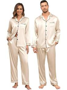 YOZLY Couple Matching Pajamas Set Satin Button Down Silky Sleepwear Long Sleeve Loungewear 2 Pcs Pj Set S-2XL With Pocketshalloween - Rượu sâm banh - Xem 11