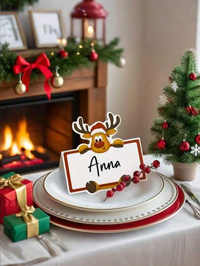 Segnaposto natalizi, segnaposto da tavola con renne, stampati con renne carine e puntini dorati - segnaposto per feste rosse e marroni con bordi bianchi, etichette per la decorazione festiva della tavola, senza alimentazione elettrica, facili da scrivere, materiale di carta durevole per feste natalizie, essenziali per apparecchiare la tavola in modo festivo, con motivo di renne e cappello di Babbo Natale, ideali per feste di Natale, dettagli fatti a mano, per intrattenimento domestico
