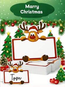 Segnaposto natalizi, segnaposto da tavola con renne, stampati con renne carine e puntini dorati - segnaposto per feste rosse e marroni con bordi bianchi, etichette per la decorazione festiva della tavola, senza alimentazione elettrica, facili da scrivere, materiale di carta durevole per feste natalizie, essenziali per apparecchiare la tavola in modo festivo, con motivo di renne e cappello di Babbo Natale, ideali per feste di Natale, dettagli fatti a mano, per intrattenimento domestico