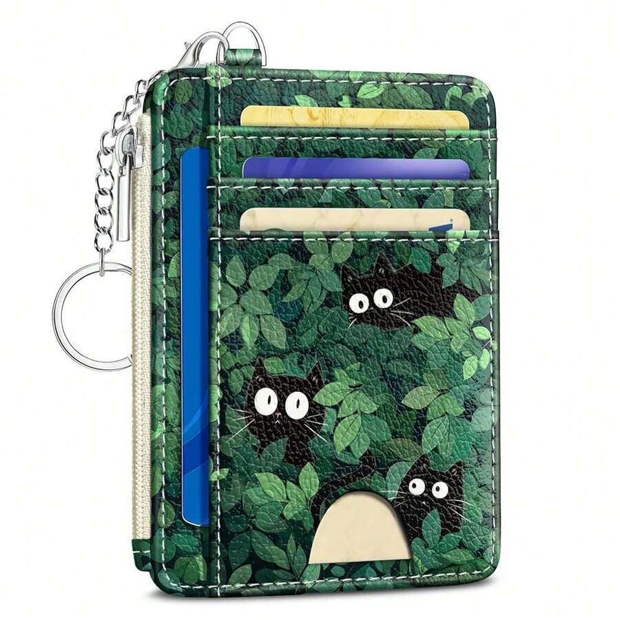 Cute Black Cat Credit Card Holder Small Wallet Women, Green Grass Slim RFID Blocking Wallet Woman Keychain With Zipper Coin Pocket, Front Pocket Thin Travel Card Case With ID Window For Ladies Gifts{"Color_name":"Cat"} - 多色15 - 查看 1