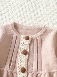 WUHUANG YIYI 2pcs/Set Girls Cute Round Neck Lace Waist Solid Color Sweater Top & Pants Set, Loose Fit For Daily Wear, Autumn/Winter - Pink - View 4