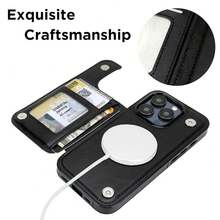 For IPhone 15 Pro 6.1" Wallet Case Magsafe With Card Holder Slot[Compatible With MagSafe] Folio Flip PU Leather Double Magnetic RFID Design With Camera Lens Protector (Ferns){"Color_name":"Ferns","Size_name":"IPhone15Pro6.1\""} - Multicolor11 - View 5