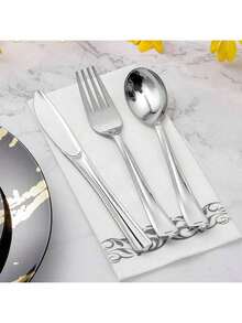 50/25/12 piezas Juego de cubiertos plateados: Cuchillo/Tenedor/Cuchara, Tenedor y Cuchara de ensalada, Cuchara de postre, Cuchara para pasta, Utensilios de servir, Cubertería de cocina, Juego de vajilla, Adecuado para bodas, fiestas de cumpleaños, reuniones familiares, útiles escolares, fiestas escolares, restaurantes, cocinas, cenas de Navidad, eventos de trabajo en equipo al aire libre, también es un gran regalo para familiares, amigos y mayores.