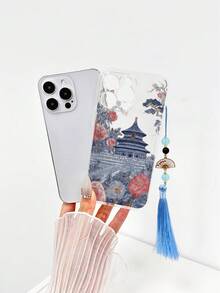 精致镂空复古中国建筑彩绘串珠流苏折扇吊坠，加厚防震彩绘手机壳，适用于 17pro/17Air /17/17promax16/11/16pro/16plus/16promax/16e/15Promax/13/14/12/XS/XR/7G/8P、Galaxy、Redmi - 彩色 - 查看 1