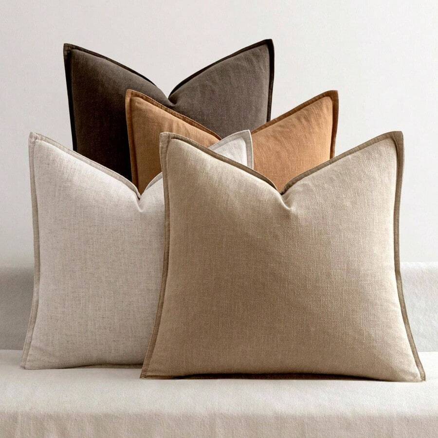 Neutral Linen Pillow Covers Pack Of 4 Decorative Natural Solid Throw Pillow Covers Soft Accent Boho Farmhouse Couch Pillowcases Modern Home Decors Living Room Bed Sofa 18x18 Inch - 18 英吋 x 18 英吋(4 件裝)+ 中性棕色 - 查看 1