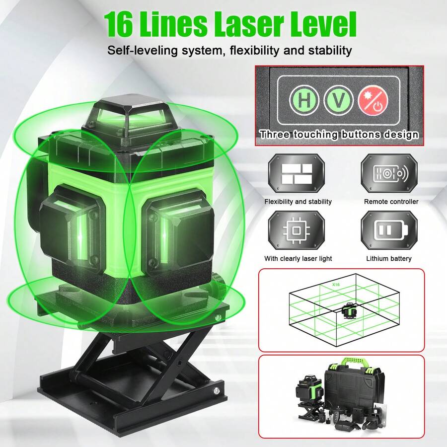 Nivel láser Autonivelante, 16 Líneas Nivelador Laser De 4D Horizontales Verticales Verde Cruzada 360° con 2 Baterías Y Control Remoto, Para Construcción De Piso De Azulejos y Colgar Imágenes - Verde - Ver 1