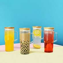2 Pack Glass Tumbler Cups With Bamboo Lids And Straws 24oz Iced Coffee CupsReusable Mason Jar Drinking Glasses For Bubble Tea Beer Smoothie Juice Handle Cup - Clear - View 6