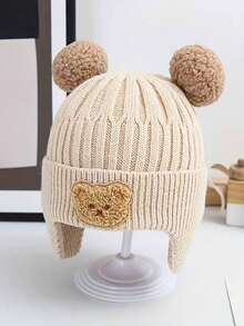 1pc Cute Bear Ear Warmer Knitted Baby Hat For Winter, Korean Style Toddler Thick Warm Beanie Cap, Ear Flap Style Knitted Beanie Hats Set With Pom, Comfy & Soft & Elastic &Thickened, Perfect For Winter Outings