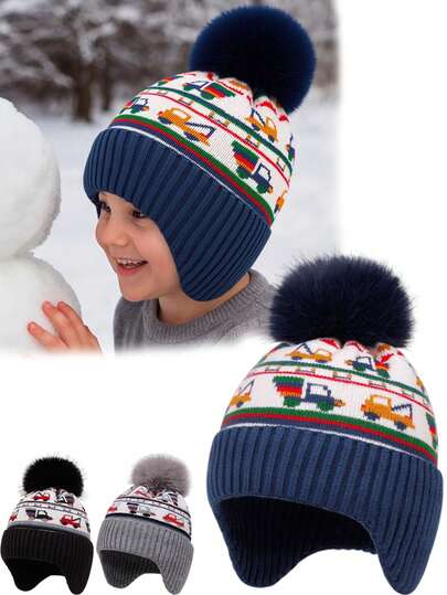 1 Stück Unisex Kinder Cartoon Kranich Muster gestrickte Beanie Mütze, thermisch gefütterte warme Skimütze für Schule, Party, Outdoor, Sport