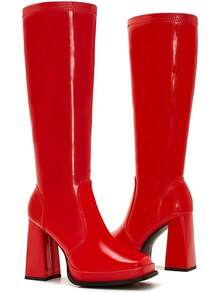 Wide Calf Plus Size Women's 70s Gogo Tall Knee High Square Toe Chunky Heel Retro Fashion Vintage Boots - 紅色專利 - 查看 5