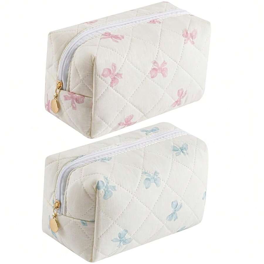 Makeup Bag Travel Cosmetic Bag For Women Girls, Zipper Make Up Pouch, Floral Flowers Toiletry Organizer Makeup, Portable Storage Cosmetic Travel Cloth Bag (Pink Bow Tie+Blue Bow Tie){"Color_name":"TwoPack:(PinkBowTie+BlueBowTie)"} - 兩件裝:(粉紅領結+藍色領結) - 查看 1
