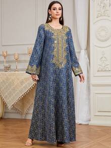 Long Sleeve Kaftan Dress, Round Neck, Gold Embroidered Woven Fabric, Elegant And Dignified Style - Navy Blue - View 3