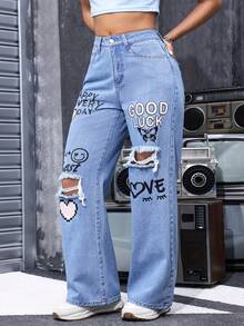 Women's Casual Ripped Straight Leg Denim Jeans With Graphic Print Long Design And Non-Stretch Fabric For Everyday Style - Blue - View 3