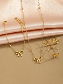 5件套优雅不锈钢金色蝴蝶吊坠项链、手链、耳环、戒指首饰套装，适合女孩日常佩戴和作为礼物 - 金色 - 查看 2