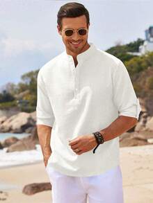 Áo sơ mi nam dài tay cổ Henley, cài cúc phía trước, chất liệu polyester nhẹ, họa tiết sọc và caro, kiểu dáng giản dị và thoải mái, vải mềm mại, phù hợp mặc hàng ngày, thời trang mùa hè đi biển, thoáng khí, tay áo xắn lên, trang phục nam thời trang, trang phục thường ngày ngoài trời, kiểu dáng cổ điển, áo sơ mi đa năng và nhẹ, áo nam mặc hàng ngày. - trắng - Xem 4