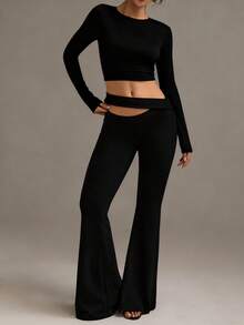 XLLAIS Small Round Neck Long Sleeve Fitted T Shirt Elastic Double Layer Crop Women Tops Fall Winter Clothes - Black - View 5