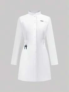 cimmuovere 女士长袖开襟圆领弹力腰身修身护士服工作服牙医保健宠物医院实验室工作服白色春季款 - 白色 - 查看 3