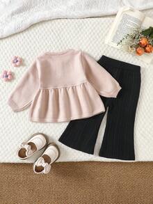 WUHUANG YIYI 2pcs/Set Girls Cute Round Neck Lace Waist Solid Color Sweater Top & Pants Set, Loose Fit For Daily Wear, Autumn/Winter - Pink - View 2