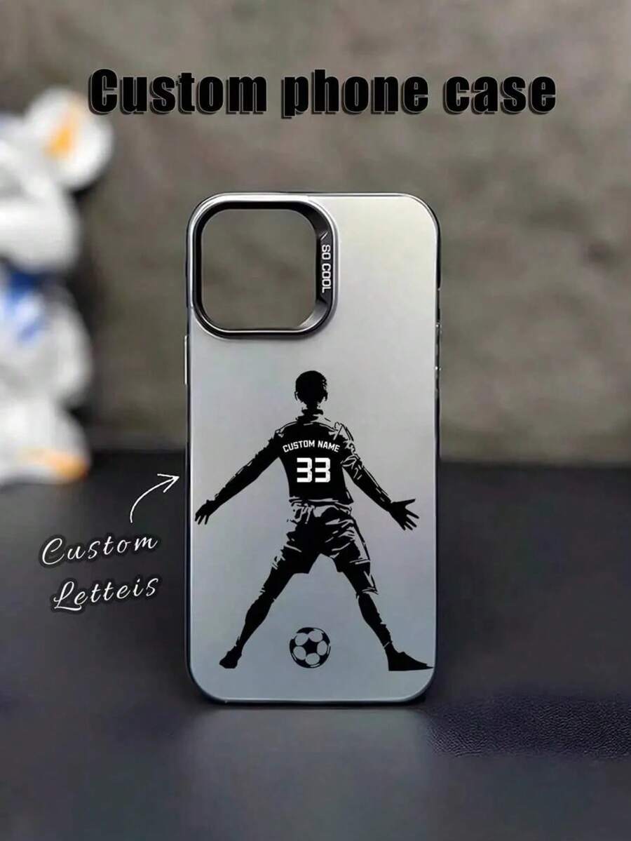 1pc Customizable Letter Name Phone Case, Football Element Pattern, Compatible With Samsung S24 Ultra/S25 Ultra And Compatible With IPhone 17 Pro Max/16 Pro/15/14 Plus/13 Pro/12 Pro Max/11/7P/XS/XR, Hard PC Material, Scratch-Resistant, Fingerprint-Proof, Suitable As Birthday, Anniversary Gift For Personal, Partner, Family, Friend, Couples, Sibling - Black - View 1