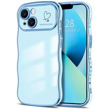 For IPhone 13 Case Wave Wavy Phone Cases With Love Heart, Luxury Plating Edge Cute Curly Shape Cover For Women Girls, Thin Slim Soft TPU Rubber Shockproof Protective Cover, Light Blue{"Color_name":"LightBlue","Size_name":"ForiPhone13-6.1inch"} - 多色6 - 查看 1