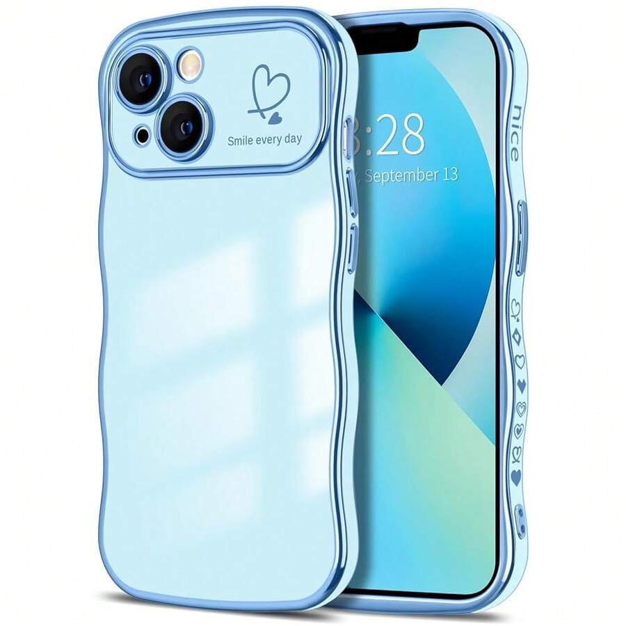 For IPhone 13 Case Wave Wavy Phone Cases With Love Heart, Luxury Plating Edge Cute Curly Shape Cover For Women Girls, Thin Slim Soft TPU Rubber Shockproof Protective Cover, Light Blue{"Color_name":"LightBlue","Size_name":"ForiPhone13-6.1inch"} - 多色6 - 查看 1