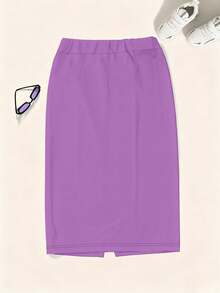 Elegant Solid Color High Waist Slit Bodycon Pencil Skirt Spring - Purple - View 5