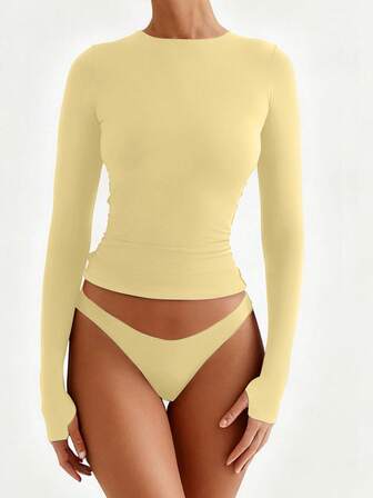 XLLAIS Round Neck Long Sleeve Workout Tops Solid Basic Skinny Women Casual Finger Cover Yellow T Shirts Fall Clothes
