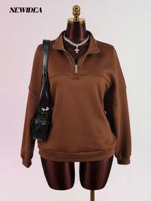 Women's Brown Quarter Zip Fleece Pullover Sweatshirt With Long Sleeves And Collar, Cozy Casual Relaxed Fit Top For Fall Winter Streetwear, Loungewear, And Daily Outfits – Soft Warm Plush Fabric Minimalist Y2K Chic Style