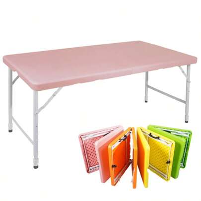 125cm Portable Heavy Duty Folding Table With Handle, Adjustable Height Foldable Table, Multi-Functional Fold Up Table For Camping Picnic Parties Indoor/Outdoor, Capacity Weight 135KG (Pink)