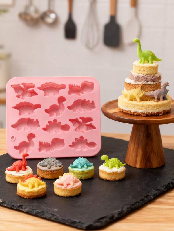 1pc 3D Dinosaur Silicone Mold, 12-Cavity Dinosaur Shaped Baking Mold Tray, DIY Baking Tool For Chocolate, Cake, Dessert, Candy, Mousse, Cupcake, Soap