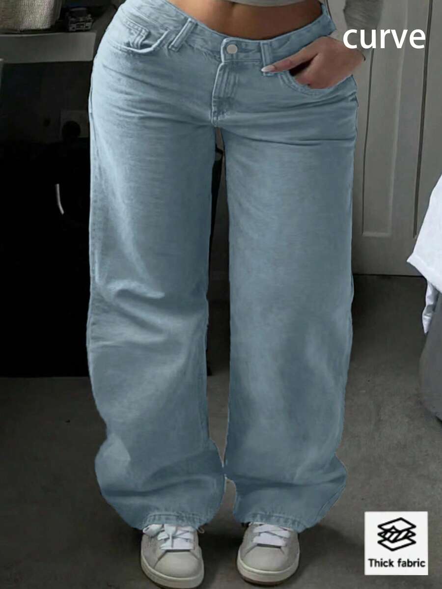 Plus Size Women's Versatile Simple European-Style Straight-Leg Jeans Summer/Fall Edition Features Pockets, Zipper, And Button Details - 淺色水洗藍 - 查看 1