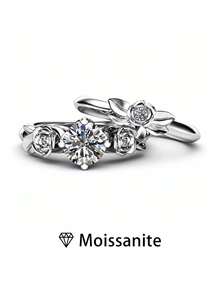 1pc Women's Wedding Ring, Stacking Rose Flower Ring, 5.2g Pure S925 Silver, 1.5 Carat Moissanite, Bohemian Palace Style, Engagement, Wedding, Anniversary, Valentine's Day Gift, With Moissanite Certificate And Deluxe Gift Box