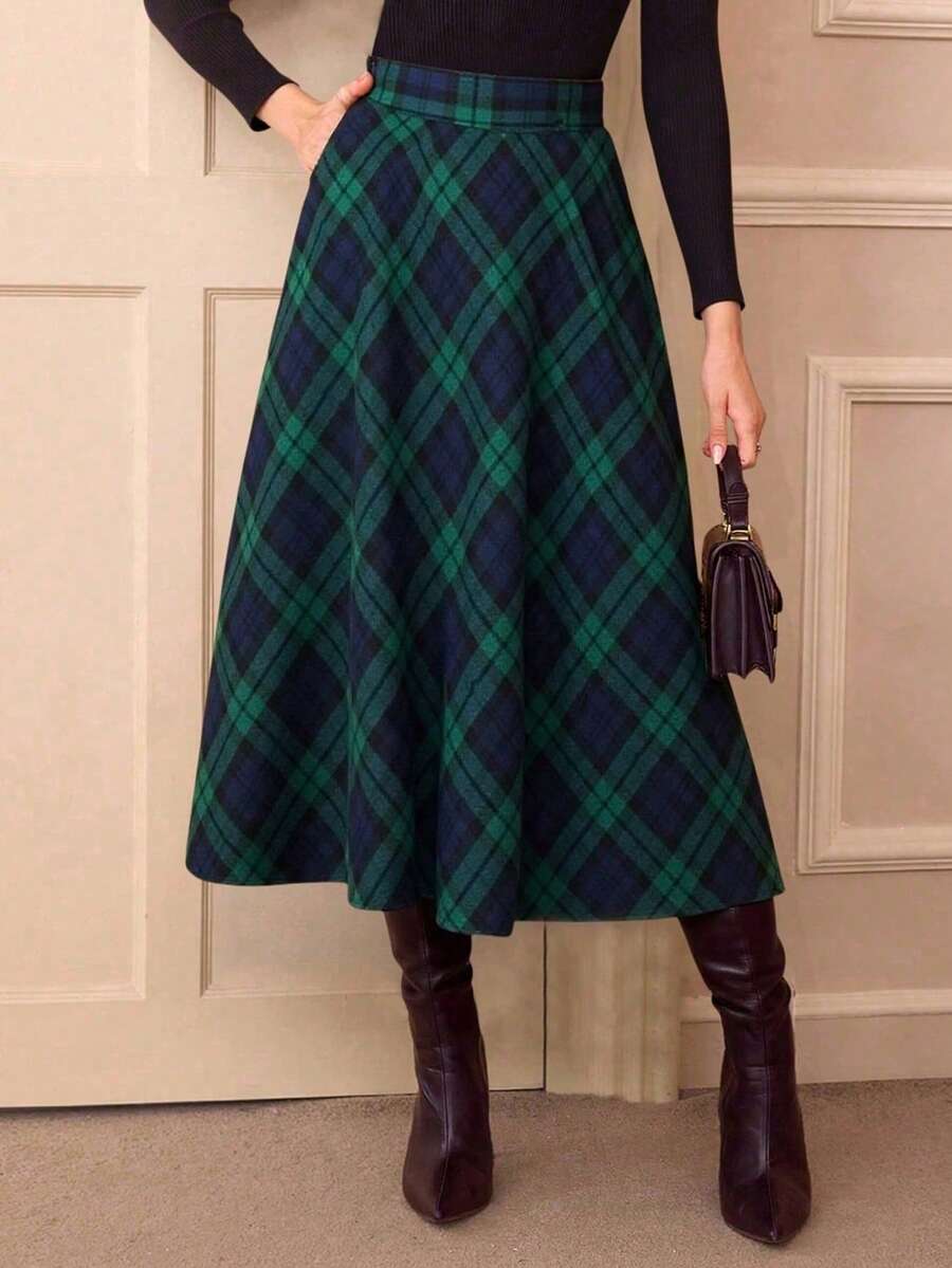 女士休闲格子 A 字裙，松紧腰，适合秋冬季日常休闲和办公室通勤穿着