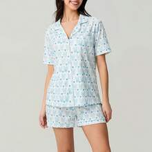 Women Y2k Pajamas Set Cute Heart Rabbit Short Sleeve Button Down Shirt Silk Satin Pjs Shorts Set Preppy Sleepwearhalloween - 7 兔印花藍色 a - 查看 8
