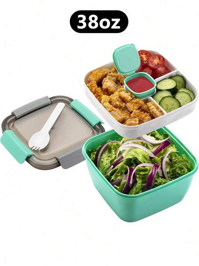 1 Set Multifunctional Salad Bowl - Includes Large Salad Bowl, Bento Box Tray, Leak-Proof Sauce Compartment, Sealed Lid, And Fork, Suitable For Healthy Adult Lunch; Dishwasher/Microwave , Kitchen Essentials, Christmas Gift, Fits All