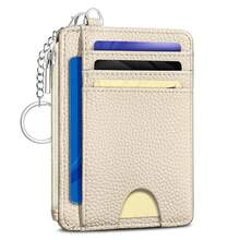 Beige Credit Card Holder Small Wallet Women, Minimalist Slim RFID Blocking Wallet Woman Keychain With Zipper Coin Pocket, Front Pocket Thin Travel Card Case Organizer ID Window Ladies Gifts{"Color_name":"SolidWT"} - 多色2 - 查看 1