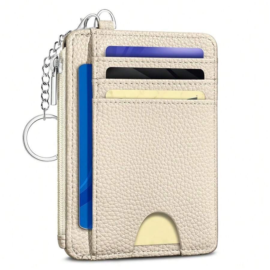 Beige Credit Card Holder Small Wallet Women, Minimalist Slim RFID Blocking Wallet Woman Keychain With Zipper Coin Pocket, Front Pocket Thin Travel Card Case Organizer ID Window Ladies Gifts{"Color_name":"SolidWT"} - 多色2 - 查看 1