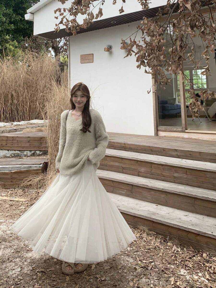 Patchwork Casual Mesh Splice Ribbed Relaxed Minimalist Tulle Skirt - Apricot - View 1