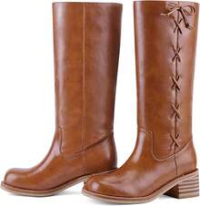 Women's Knee High Chunky Block Heel Square Toe Low Heel Boots, Style - Lace Saddle - View 4