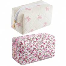 Makeup Bag Travel Cosmetic Bag For Women Girls, Zipper Make Up Pouch, Floral Flowers Toiletry Organizer Makeup, Portable Storage Cosmetic Travel Cloth Bag (Pink Bow Tie+Flower-Red){"Color_name":"TwoPack:(PinkBowTie+Flower-Red)"} - 兩件裝:(粉紅領結+花-紅色) - 查看 1