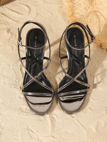 Sandal Hak Tinggi Stiletto Terbuka dengan Tali Silang yang Modis dan Elegan untuk Wanita, Cocok untuk Gaun dan Pakaian Musim Semi/Panas. - Senjata Logam - View 5