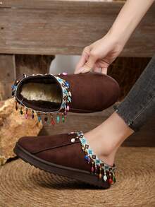 Women's Fashion Tassel Decor -On Slippers, Warm For Winter - Brown - View 3