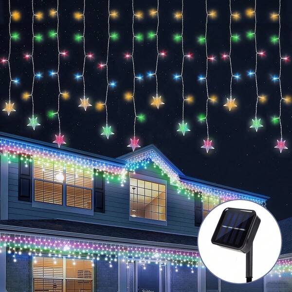 1 Peça 96 LED Estrela Decorativa de Natal Luzes de Cortina de Cristal de Gelo Alimentadas por Energia Solar Lâmpada Externa com 8 Modos para Jardim, Pátio, Parque, Festa de Feriado, Casamento, Lareira, Varanda, Decoração de Janela