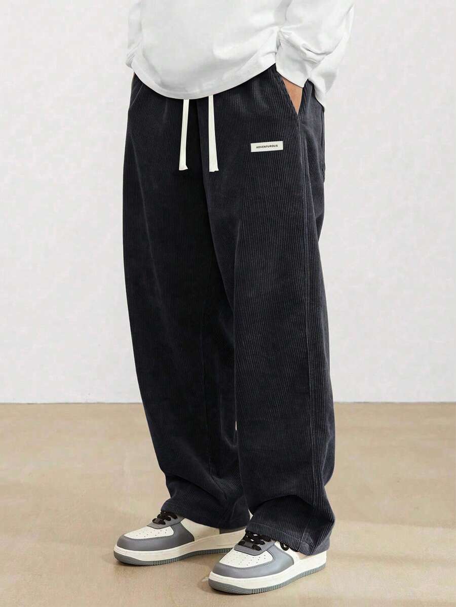 Retro American Style Corduroy Straight Leg Pants, Men Casual Khaki Long Trousers, For Fall Winter - Black - View 1