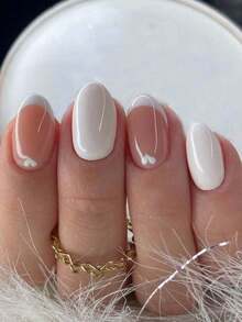 24pcs Oval Heart-Shaped French Manicure Nail Stickers Set, Perfect Fit For Acrylic Fake Nails, Includes 1pc Jelly Gel And 1pc Nail File, Suitable For Women And Girls For Daily Work, Study And Party Use - 彩色 - 查看 1