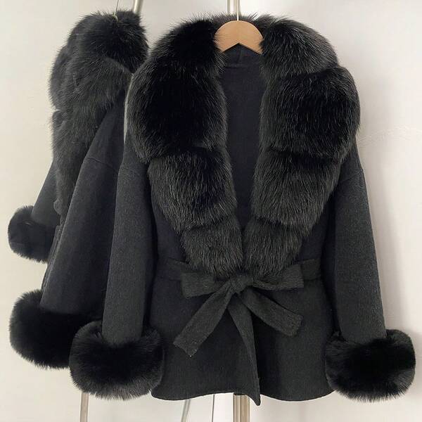 OFTBUY Solid Color Faux Fur Collar Belted Woolen Coat, Casual Street Style For Autumn/Winter