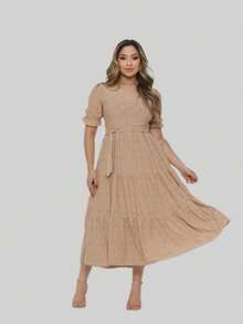 Women's Midi Dress Três Marias Laise Mesh Wedding Evening Formal And Night Elegant And Casual - Light Beige - Xem 2