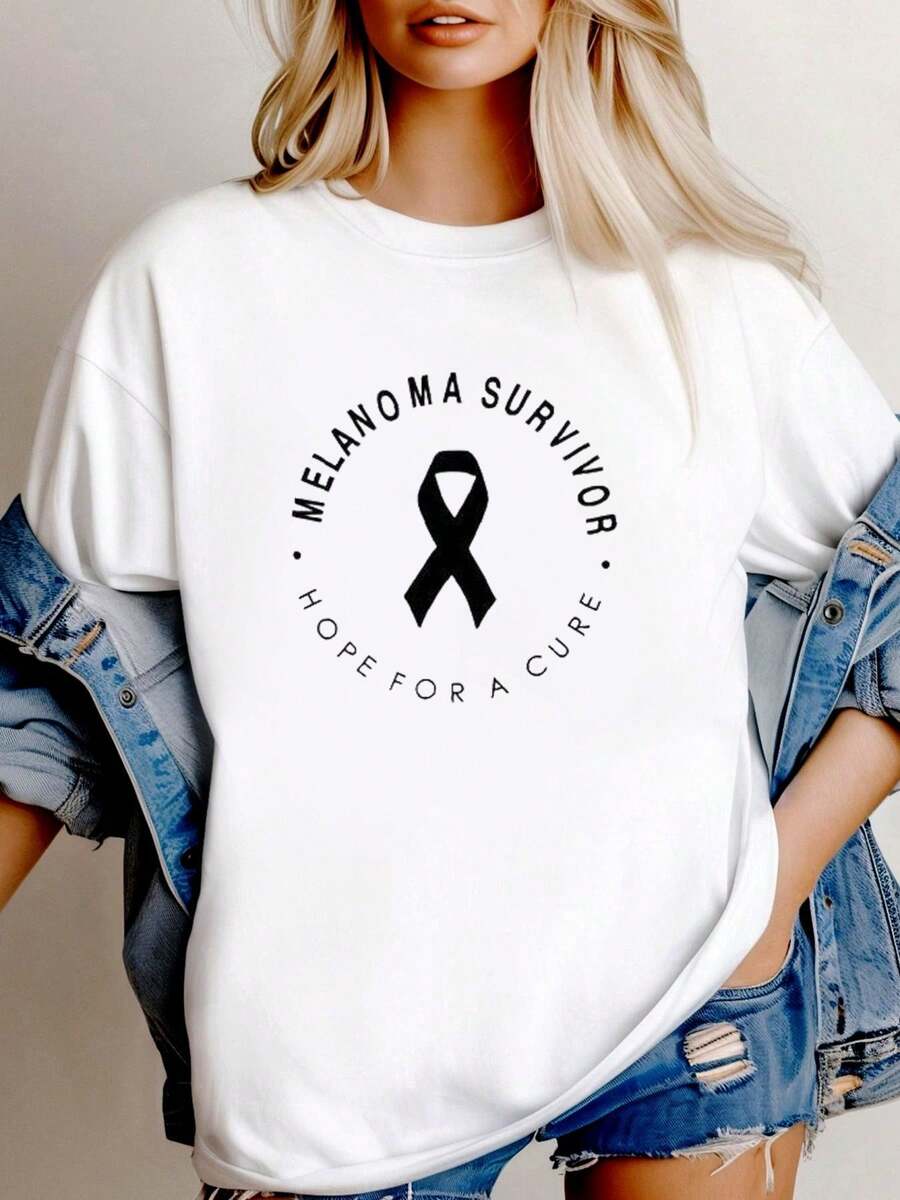 180g pure Cotton Melanoma Cancer T-shirt, Melanoma Survivor Shirt, Melanoma Awareness Shirt, Skin Cancer Fighter, Cancer Awareness Tee, Skin Cancer Shirts Summer Print Round Neck Short Sleeve Casual Stylish Breathable Women Top Graphic Tees Stretched fashion female - Blanco - Ver 1