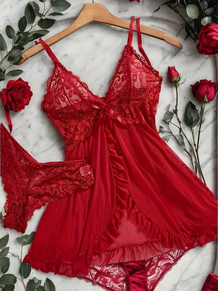 Plain    Ruffle  Sheer  Ruffle Hem - 紅色 - 查看 1